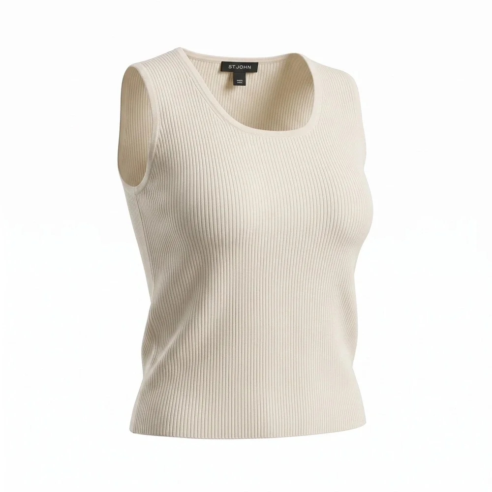 St. John Ribbed Knit Shell M Cream Wool Blend Sleeveless Scoop Neck Quiet Luxury